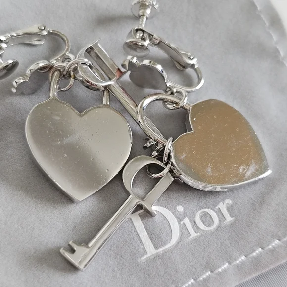 Christian Dior by John Galliano heart-key padlock crystal earrings ear clips - Picture 7 of 11